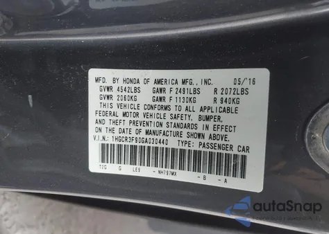 2016 Honda Accord Touring from USA, damaged, VIN 1HGCR3F90GA030440